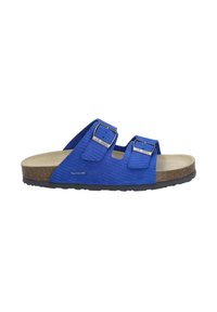 Blauwe sandalen met twee verstelbare banden, textuur van synthetisch materiaal, kurken zool en rubberen buitenzool. Gespen hebben zilveren accenten.