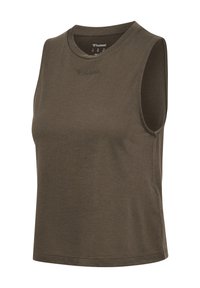 Sleeveless olive green sports tank top with round neck, textured fabric, and subtle hummel logo on front chest.