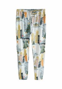 Svetlo šedé pyžamové nohavice s potlačou mestečka, zahŕňajúce budovy, vianočné stromy a darčeky v zelenej, oranžovej, žltej a čiernej farbe.