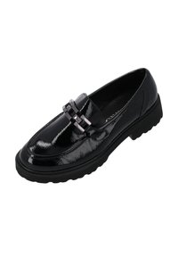 Svart lackläder loafer med en kraftig sula, försedda med ett dekorativt dubbel-länk band över ovandelen. Slät textur och glänsande finish.