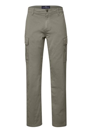 Pantalones cargo verde claro fabricados con una mezcla de algodón, con bolsillos laterales, un diseño de pierna recta y una cinturilla clásica.