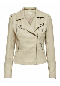 Beige konstläder bikerjacka med slagkrage, asymmetriska dragkedjor, sidofickor och kviltade detaljer på axlarna och ärmarna.