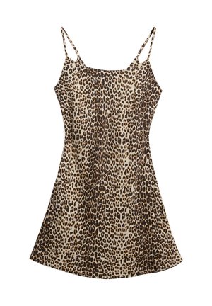 Leopardenmusterkleid mit dünnen Spaghetti-Trägern, aus leichtem Stoff. Hat Brauntöne und Beige in einer fließenden A-Linien-Silhouette.