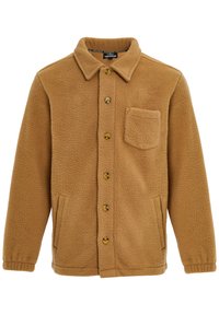 Chaqueta de forro polar marrón con cierre de botones, cuello puntiagudo, bolsillo en el pecho y bolsillos laterales. Textura suave con puños acanalados.