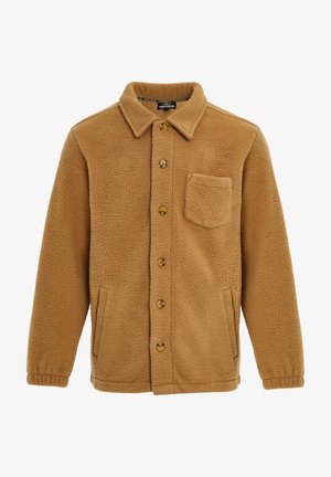 Veste en polaire marron avec fermeture à boutons, col pointu, poche poitrine unique et poches latérales. Texture douce avec des poignets côtelés.