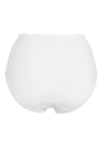 Vita bomullunderkläder med en delikat spetsdetalj i midjan, mjuk textur och hel täckning. Inga synliga sömmar eller mönster.