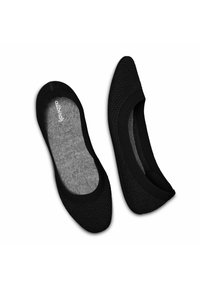 Paire de ballerines en maille noire avec semelles intérieures grises et bouts arrondis, une chaussure vue de dessus et l'autre de côté.