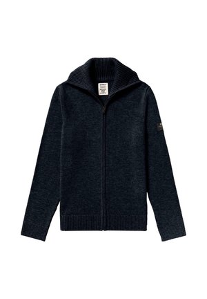 Felpa zip con collo e polsini a costine di un blu navy scuro, con una superficie liscia e un'etichetta discreta sulla manica sinistra.