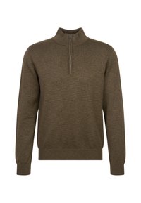 Brązowy sweter dzianinowy z długim rękawem, krótkim zamkiem z przodu i wysokim kołnierzem, z ribbowanymi mankietami i dołem.