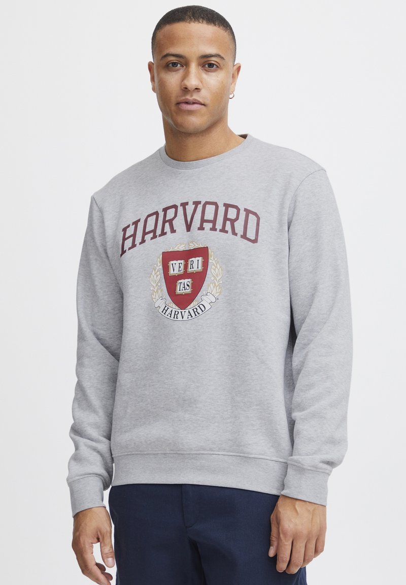 Grijze sweatshirt met "HARVARD" in kastanjebruine tekst, een centraal schildlogo, geribbelde manchetten en een ronde halslijn. Gladde stofstructuur.