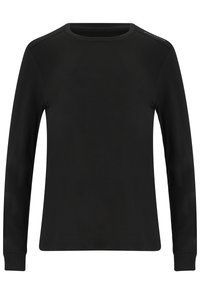 Schwarzes Langarmshirt, runder Ausschnitt, glattes Material, figurbetontes Design mit subtilen Schulternahtdetails, ohne Muster oder Drucke.