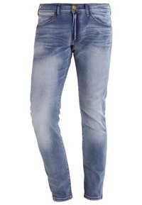 Jeans de mezclilla azul claro ajustados con textura deslavada, cierre frontal de botón y cremallera, y dos bolsillos frontales.