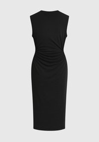 Robe sans manches noire au design ajusté et aux détails froncés à l'arrière, fabriquée en tissu lisse et extensible.