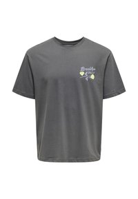 Grå bomulds T-shirt med korte ærmer, der har et trykt "Brooklyn Florist" logo i pastelfarver på brystet. Klassisk rund halsudskæring.
