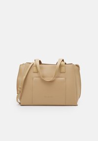 Beige leather Valentino tote bag with two handles, a detachable shoulder strap, and front pocket with Valentino logo.