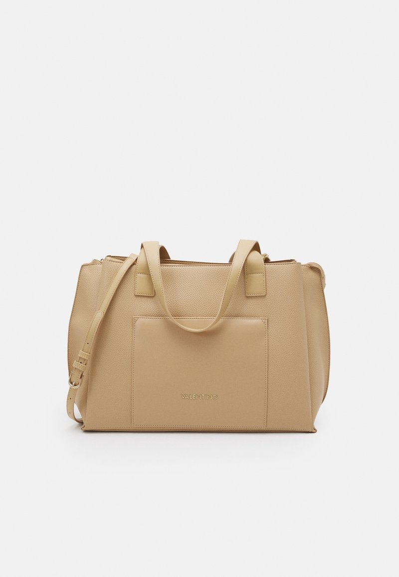 Beige leather Valentino tote bag with two handles, a detachable shoulder strap, and front pocket with Valentino logo.