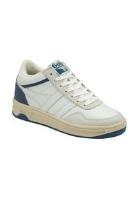 Sneaker bianco e blu con una tomaia in suede e pelle texturizzata, dotata di suola in gomma, punta rinforzata e design a tre strisce sul lato.