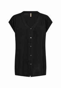 Blouse noire à manches courtes avec un col en V, tissu lisse, boutons sur le devant et coupe décontractée. Présente une couture détaillée le long des coutures des épaules.