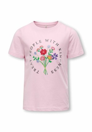 Light pink t-shirt with colorful embroidered flowers and the text "Treat people with kindness" arranged in a circular pattern around the flowers.