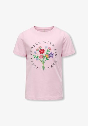 Light pink t-shirt with colorful embroidered flowers and the text "Treat people with kindness" arranged in a circular pattern around the flowers.