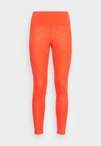 Leggings laranja brilhante feitos de tecido elástico, com um padrão tonal, cintura alta e forma de perna ajustada.