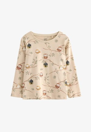 Langärmliges Hemd aus leichtem beige Baumwollstoff, mit einem Eulen- und Zweigdruck in gedeckten Farben. Rundhalsausschnitt und lockere Passform.