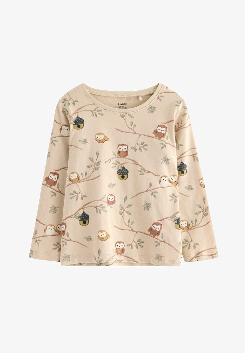 Langärmliges Hemd aus leichtem beige Baumwollstoff, mit einem Eulen- und Zweigdruck in gedeckten Farben. Rundhalsausschnitt und lockere Passform.