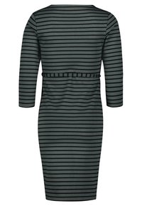 Dunkelgrünes Bodycon-Kleid mit schwarzen horizontalen Streifen, Dreiviertelärmel und tailliertem Bund für eine figurbetonte Silhouette. Weicher, dehnbarer Stoff.