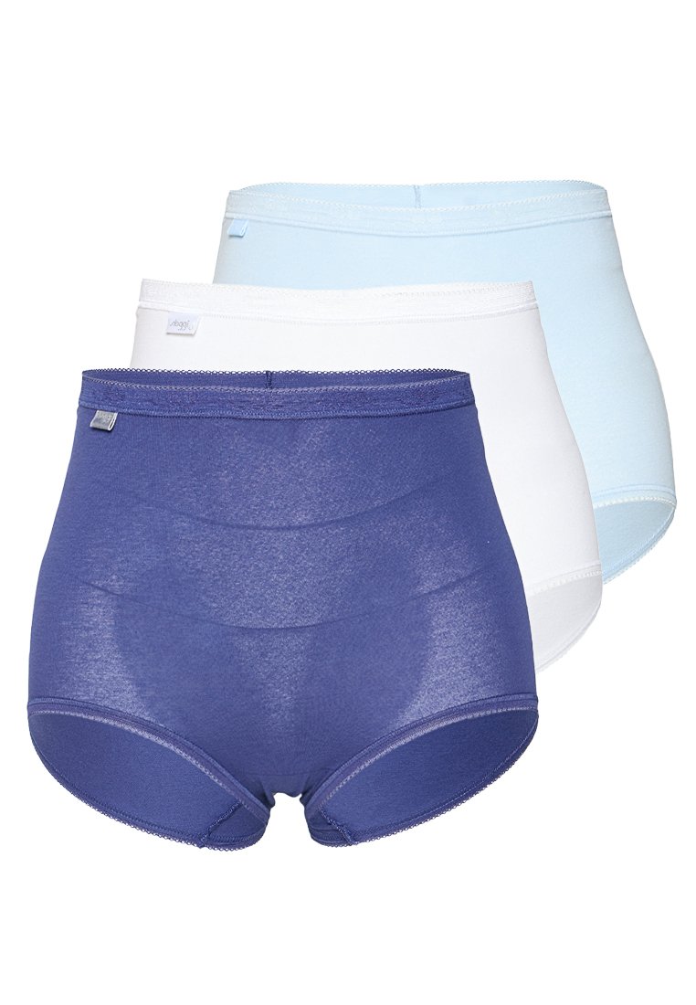 Drei Paare hochgeschnittener Unterwäsche; Farben: tiefblau, weiß und hellblau; aus weichem Stoff mit glatten Kanten und leichter Dehnbarkeit.