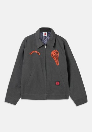 Gray jacket with a front zipper, featuring orange 'ICECREAM' text and an ice cream cone embroidery detail. Includes two side pockets.