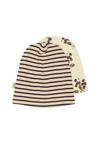 Due cappelli a cuffia: uno crema con strisce viola scuro e l'altro crema con stampe floreali di bacche. Entrambi realizzati in tessuto a coste.