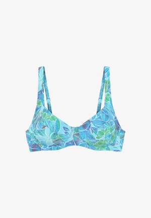 Hellblauer Bikini-Oberteil mit Blattmustern in Grün und Lila. Verfügt über schlanke Träger und eine strukturierte Form für Unterstützung.