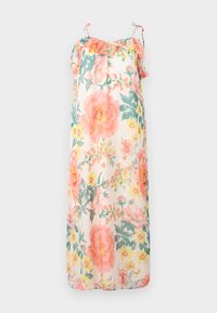 Robe longue sans manches avec fines bretelles et encolure à volants, avec un grand motif floral rose, jaune et vert sur un tissu clair.