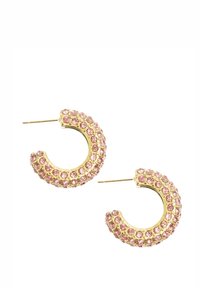 Guldøreringe i hoops pyntet med pinke rhinsten, cirkulært design, tekstureret overflade, med en slank stift til fastgørelse.