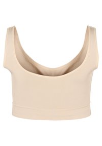 Beige kort ärmad topp i mjukt, elastiskt tyg, med breda axelband och rundad halsringning. Sömlös design med en slät yta.