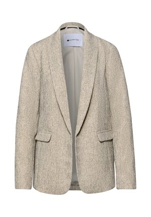 Blazer beige texturé pour femmes avec revers crantés, poches à rabat à l'avant et coupe décontractée, étiquette Street One à l'intérieur du col.