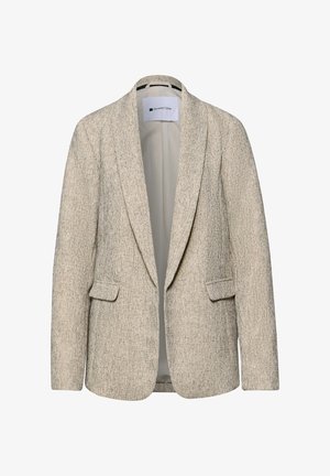 Beiger Blazer für Damen mit Struktur, Revers mit Kerbkragen, vorderen Klappentaschen und legerer Passform, innen im Kragen mit Street One-Label.