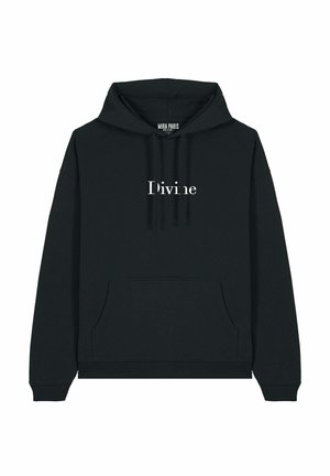 Hoodie noir en tissu doux, doté d'une poche kangourou, de poignets côtelés et portant le mot "Divine" imprimé en blanc sur le devant.