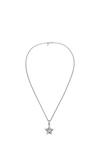 Silver chain necklace featuring a star-shaped pendant with a textured surface and a central stone, secured with a clasp.