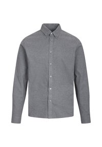 Grå knappet skjorte med lange ermer, laget av teksturert stoff. Har klassisk krage og fem knapper langs fronten.
