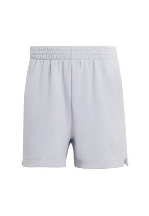 Shorts sportivi grigio chiaro con cintura elastica, spacchi laterali all'orlo e un piccolo logo in basso a destra. Realizzati in tessuto morbido.