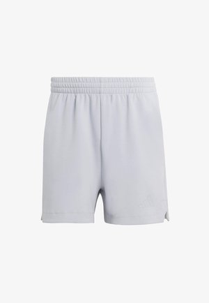 Shorts sportivi grigio chiaro con cintura elastica, spacchi laterali all'orlo e un piccolo logo in basso a destra. Realizzati in tessuto morbido.