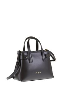 Petit sac à main en cuir noir avec doubles poignées supérieures et une bandoulière amovible. Présente des accessoires en or et un logo embossé à l'avant.