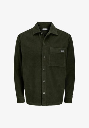 Vihreä corduroy-paita, jossa on pitkät hihat, nappikiinnitys edessä ja yksittäinen rintatasku, jossa on brändin etiketti. Rakenne-erikoiskangas, jossa on uritettu kuosi.