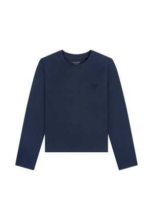 Marinblå långärmad t-shirt i mjuk bomull, med rund halsringning och en liten präglad logotyp på vänster bröst.