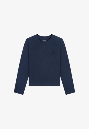 T-shirt à manches longues marine en coton doux, avec un col rond et un petit logo en relief sur la partie gauche de la poitrine.