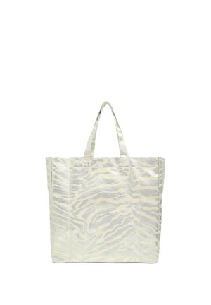 Borsa a tracolla lucida color crema con motivo a strisce zebrate argento, dotata di due manici robusti e di un design spazioso e strutturato.