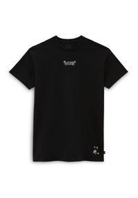 Camiseta negra de algodón, con un pequeño logo de "VANS" con acentos florales en el pecho y un gráfico cerca del dobladillo. Manga corta.
