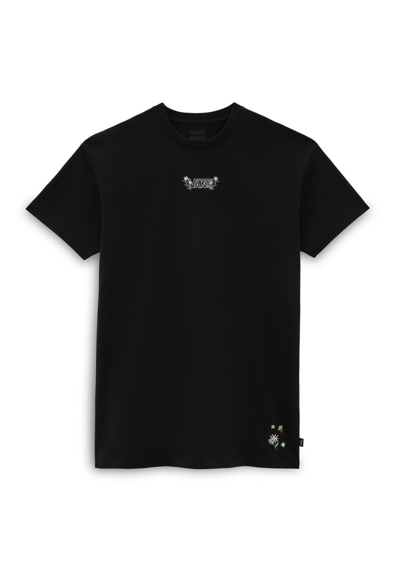 Camiseta negra de algodón, con un pequeño logo de "VANS" con acentos florales en el pecho y un gráfico cerca del dobladillo. Manga corta.