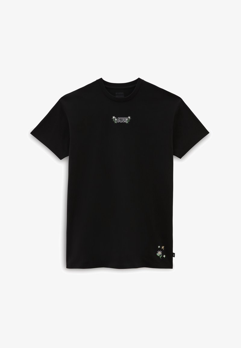 Camiseta negra de algodón, con un pequeño logo de "VANS" con acentos florales en el pecho y un gráfico cerca del dobladillo. Manga corta.
